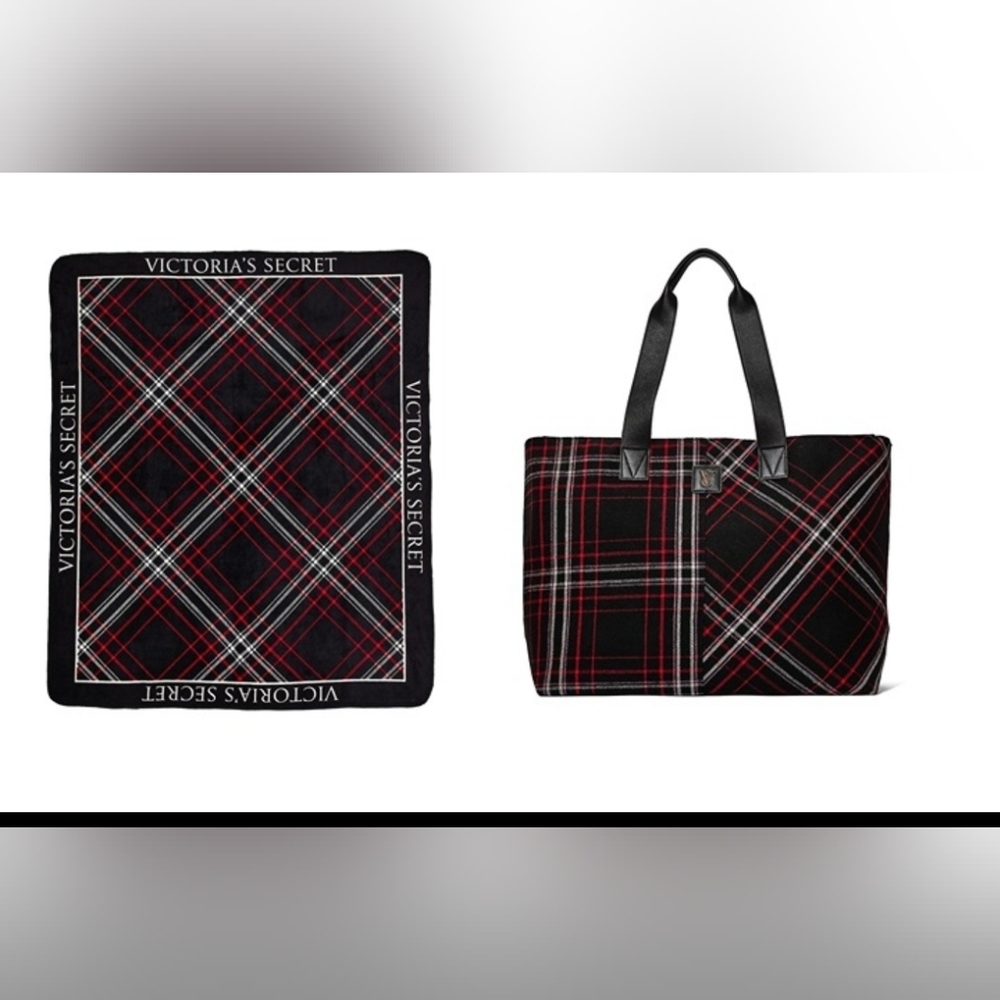 Victoria's Secret Black and Red Plaid Tote Bag